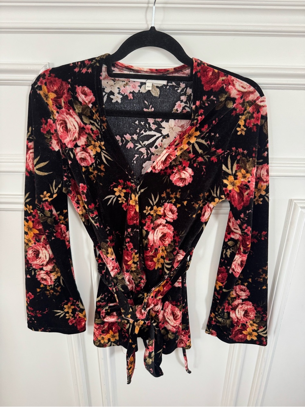 Black Floral Velvet Wrap Blouse with Tie Waist
